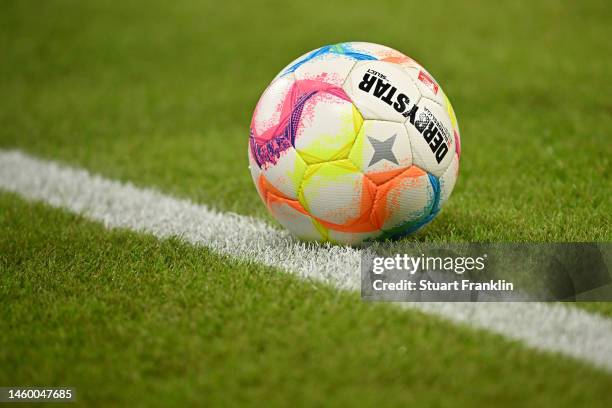 Detailed view of a Derbystar by Select Bundesliga Match Ball prior to the Bundesliga match between RB Leipzig and VfB Stuttgart at Red Bull Arena on...