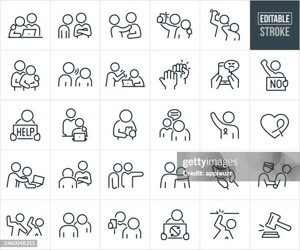 ilustraciones, imágenes clip art, dibujos animados e iconos de stock de acoso en el lugar de trabajo iconos de línea fina - trazo editable - los iconos incluyen acoso sexual, abuso verbal, gente de negocios, supervisor, gerente, abuso físico, comportamiento abusivo - discrimination