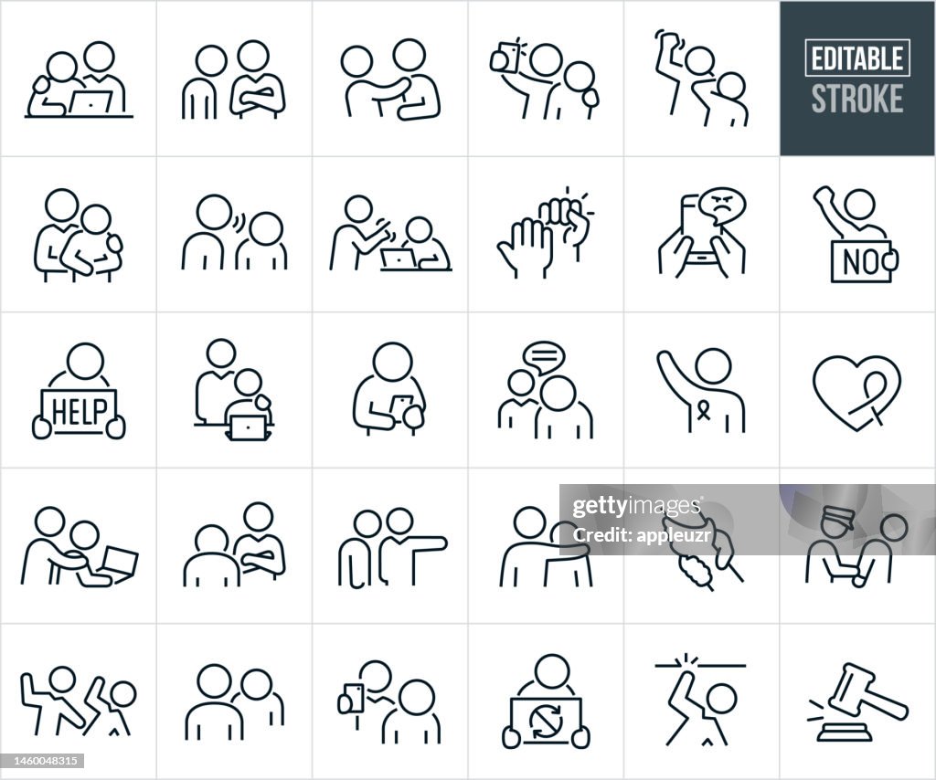 Workplace Harassment Thin Line Icons - Editable Stroke - Icons Include Sexual Harassment, Verbal Abuse, Business People, Supervisor, Manager, Physical Abuse, Abusive Behavior