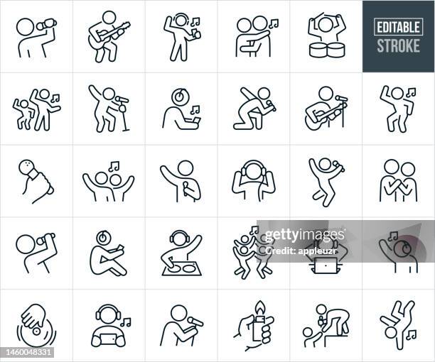 music, dance and singing thin line icons - editable stroke - icons include musicians, guitar player, drummer, disc jockey, music concert, listening to music - concert icon stock illustrations