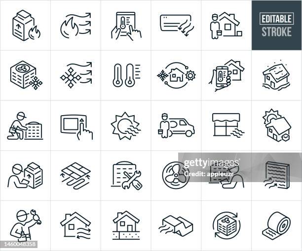 illustrations, cliparts, dessins animés et icônes de chauffage et climatisation icônes de ligne mince cvc - course modifiable - les icônes incluent un climatiseur, une fournaise, un technicien cvc, une réparation, un service - réparateur