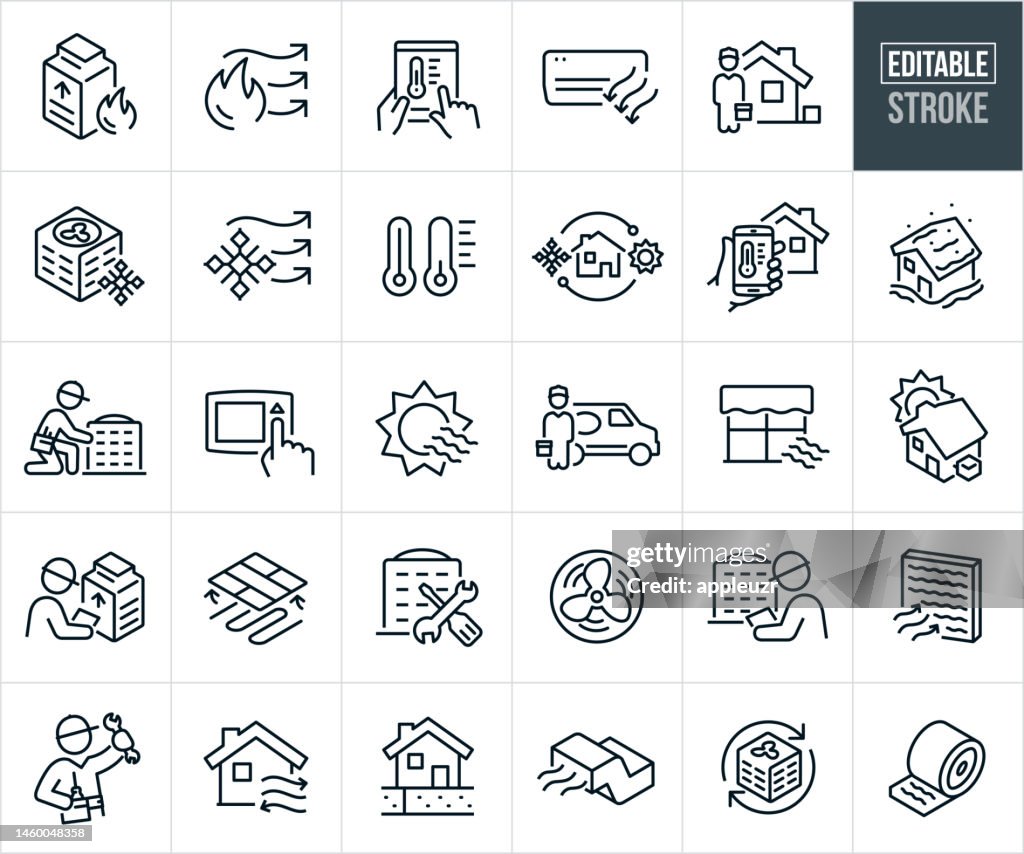 Heating and Cooling HVAC Thin Line Icons - Editable Stroke - Icons Include An Air Conditioner, Furnace, HVAC Technician, Repair, Service