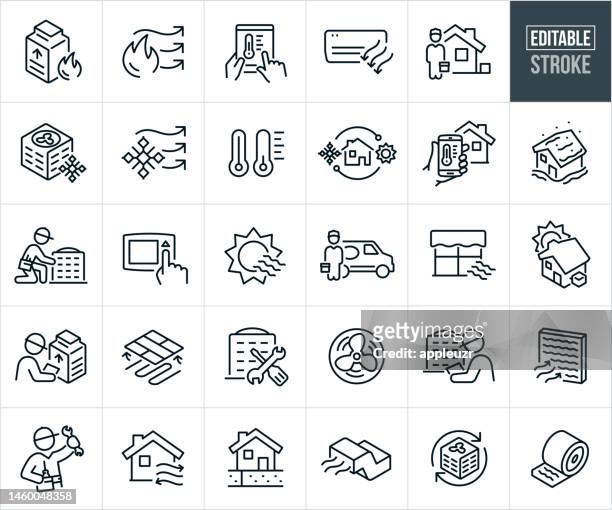 heating and cooling hvac thin line icons - editable stroke - icons include an air conditioner, furnace, hvac technician, repair, service - thermometer stock illustrations