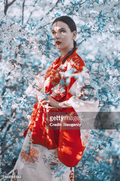 fashion makeup. woman in kimono. blooming cherry - costume beige stock pictures, royalty-free photos & images