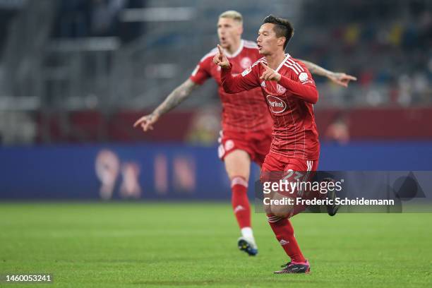 Shinta Appelkamp of Fortuna Düsseldorf celebrates after scoring their team's third goal during the Second Bundesliga match between Fortuna Düsseldorf...