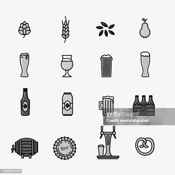 ikonen des schwarz-weiß-bierbrauens - hopfen malz stock-grafiken, -clipart, -cartoons und -symbole