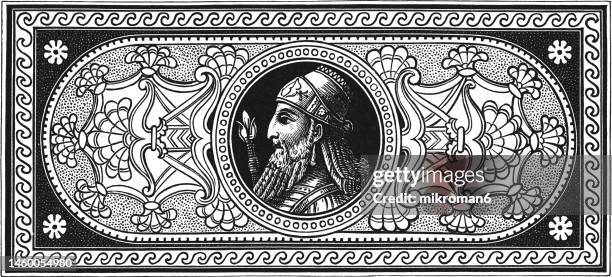 old engraved illustration of assyrian men - sumerian art stock pictures, royalty-free photos & images