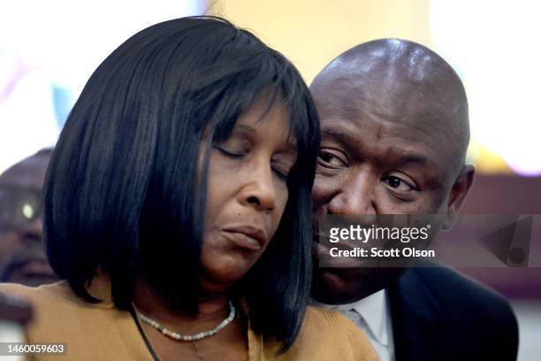 Civil rights attorney Ben Crump comforts RowVaughn Wells, mother of Tyre Nichols, during a press conference on January 27, 2023 in Memphis,...