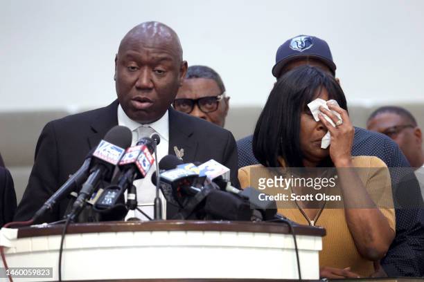 RowVaughn Wells, mother of Tyre Nichols, wipes away tears as civil rights attorney Ben Crump speaks during a press conference on January 27, 2023 in...