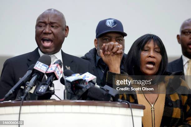 Civil rights attorney Ben Crump and RowVaughn Wells, mother of Tyre Nichols, speak during a press conference on January 27, 2023 in Memphis,...