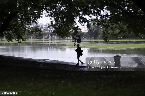 Floodwater coverd Victoria Park in central Auckland the morning after record heavy rain on January 28, 2023 in Auckland, New Zealand.