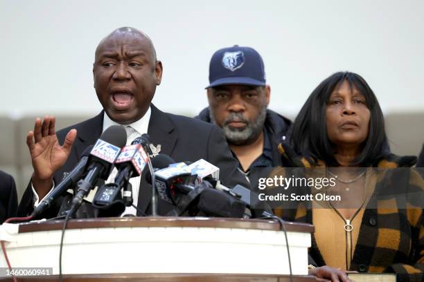 Flanked by Rodney Wells and RowVaughn Wells, the stepfather and mother of Tyre Nichols, civil rights attorney Ben Crump speaks during a press...