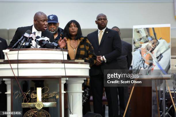 Flanked by the parents of Tyre Nichols and faith and community leaders, civil rights attorney Ben Crump speaks next to a photo of Nichols during a...