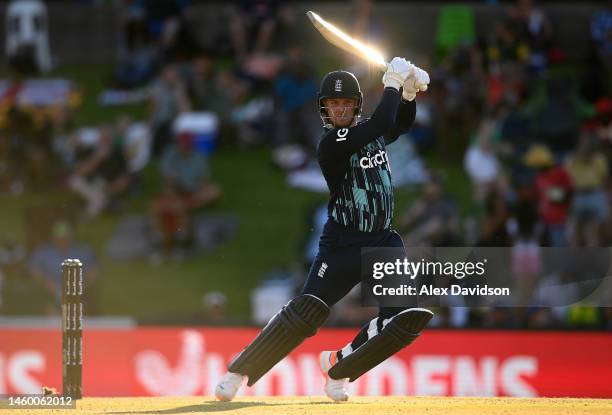 Jason Roy of England hits runs during the 1st One Day International match between South Africa and England at Mangaung Oval on January 27, 2023 in...