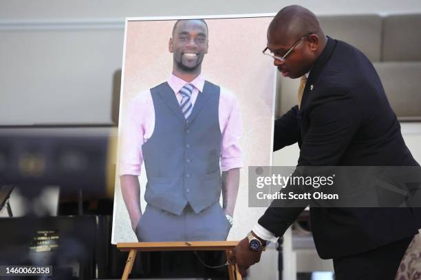 Photo of Tyre Nichols is positioned prior to a press conference on January 27, 2023 in Memphis, Tennessee. Tyre Nichols, a 29-year-old Black man,...