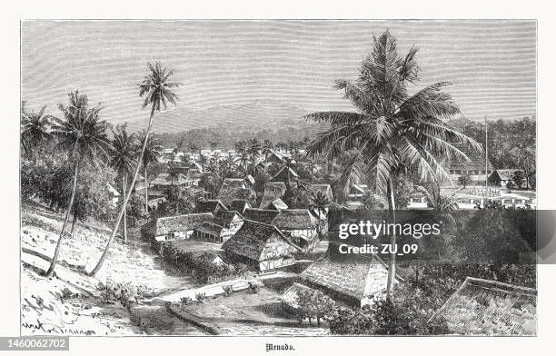 historical view of manado, sulawesi, indonesia, wood engraving, published 1899 - north sulawesi 幅插畫檔、美工圖案、卡通及圖標