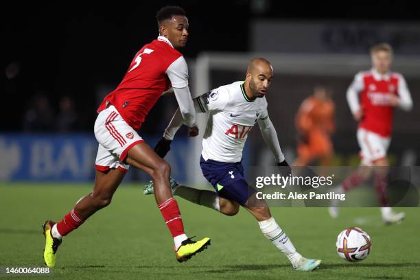 Lucas Moura of Tottenham Hotspur is tackled by Zach Awe of Arsenal during the Premier League 2 match between Arsenal and Tottenham at Meadow Park on...