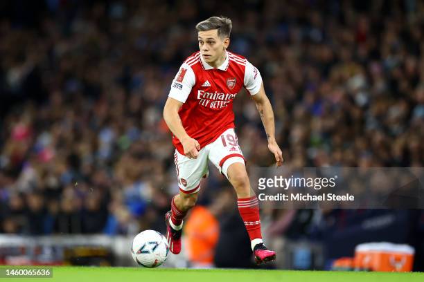 Leandro Trossard of Arsenal runs with the ball during the Emirates FA Cup Fourth Round match between Manchester City and Arsenal at Etihad Stadium on...