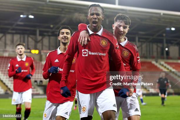 Noam Emeran of Manchester United celebrates after scoring their sides second goal during the Premier League 2 match between Manchester United and...