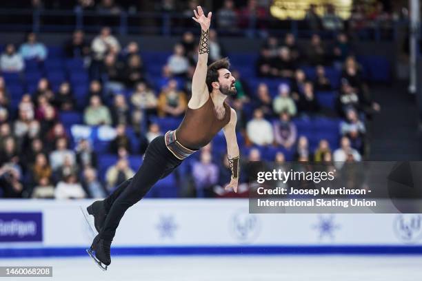 Kevin Aymoz of France competes in the Men's free skating during the ISU European Figure Skating Championships at Espoo Metro Areena on January 27,...