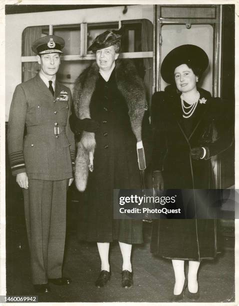 Married British royalty, King George VI and Queen Elizabeth pose with US First Lady Eleanor Roosevelt , London, October 23, 1942.