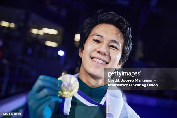 Adam Siao Him Fa of France poses in the Men's medal ceremony during the ISU European Figure Skating Championships at Espoo Metro Areena on January...