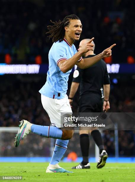 Nathan Ake of Manchester City celebrates after scoring the team's first goal during the Emirates FA Cup Fourth Round match between Manchester City...