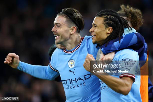Nathan Ake of Manchester City celebrates after scoring the team's first goal with teammate Jack Grealish during the Emirates FA Cup Fourth Round...