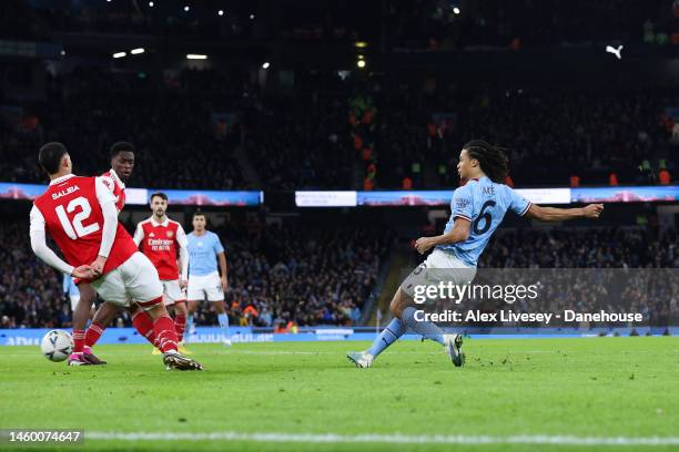 Nathan Ake of Manchester City scores his side's first goal during the Emirates FA Cup Fourth Round match between Manchester City and Arsenal at...