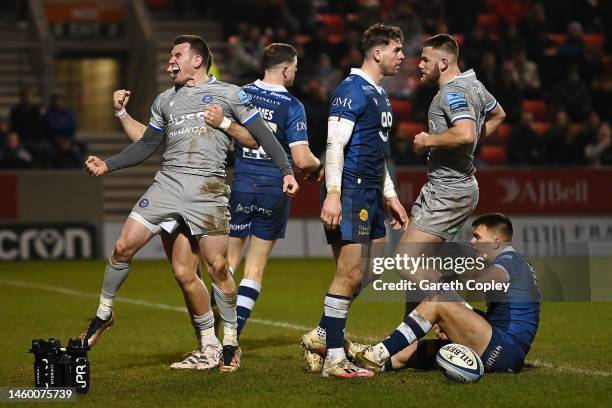 Ben Spencer of Bath celebrates scoring during the Gallagher Premiership Rugby match between Sale Sharks and Bath Rugby at AJ Bell Stadium on January...