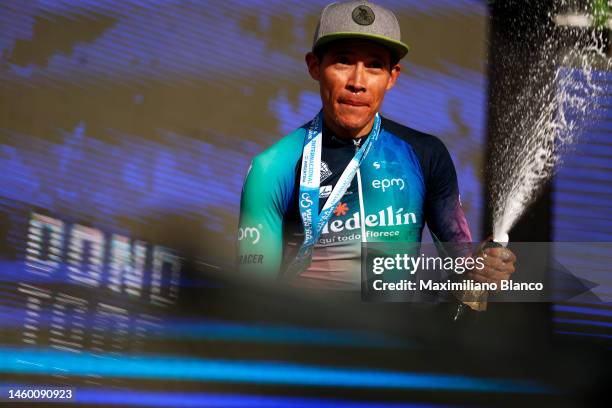 Miguel Angel Lopez of Colombia and Team Medellin - EPM celebrates at podium as stage winner during the 39th Vuelta a San Juan International 2023,...