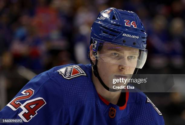 Kaapo Kakko of the New York Rangers looks on during warmups before the game against the Vegas Golden Knights at Madison Square Garden on January 27,...