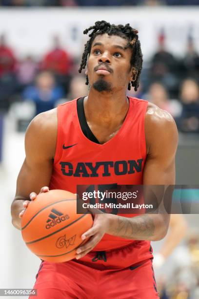 DaRon Holmes II of the Dayton Flyers takes a foul shot during a college basketball game against the George Washington Colonials at the Smith Center...