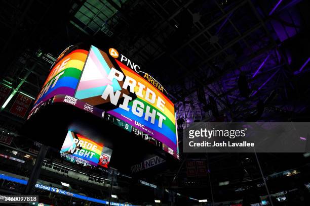 General view of the video board during Pride Night prior to the game between the Carolina Hurricanes and the San Jose Sharks at PNC Arena on January...