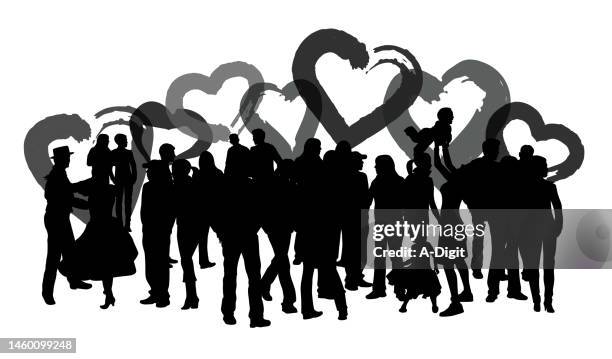 silhouette valentines day fun crowd watercolor hearts grey scale - lesbian stock illustrations