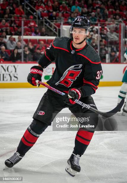 Andrei Svechnikov of the Carolina Hurricanes skates during the first period against the San Jose Sharks at PNC Arena on January 27, 2023 in Raleigh,...