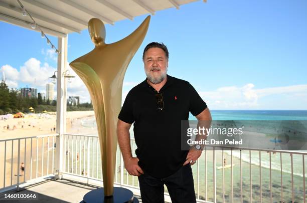 Australian actor and AACTA President, Russell Crowe poses for photos during a media call on the Gold Coast on January 28, 2023 in Burleigh Heads,...