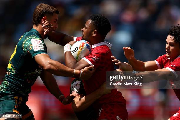 Josiah Morra of Canada is tackled during the 2023 Sydney Sevens match between Australia and Canada at Allianz Stadium on January 28, 2023 in Sydney,...