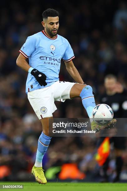 Riyad Mahrez of Manchester City during the Emirates FA Cup Fourth Round match between Manchester City and Arsenal at Etihad Stadium on January 27,...