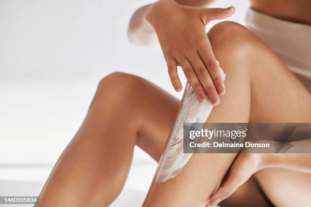 beauty model, legs and shaving cream for grooming, hair removal or self love wellness in house bathroom, home or spa. woman, hands and body lotion product for skincare healthcare or cleaning routine - leg stock pictures, royalty-free photos & images