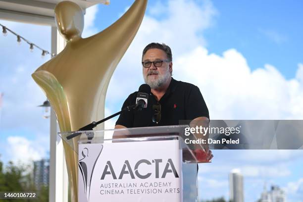 Australian actor and AACTA President, Russell Crowe speaks during a media call on the Gold Coast on January 28, 2023 in Burleigh Heads, Australia. It...