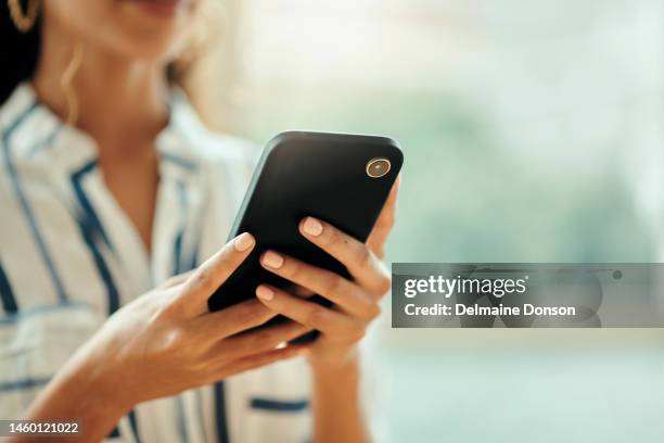 hands, phone and business woman on contact us website for feedback and review communication. female with smartphone for digital marketing, social network and typing email or research on mobile app - concept updates stock pictures, royalty-free photos & images