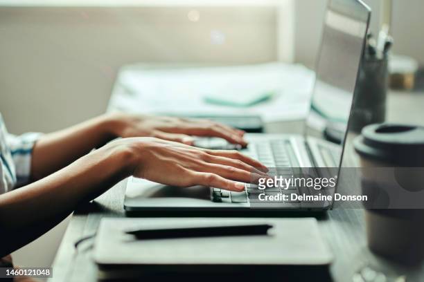 typing, networking or hands on laptop for internet research, social media content or communication. tech, email or hand in office planning data analytics for social network, blog review or media app - content stock pictures, royalty-free photos & images