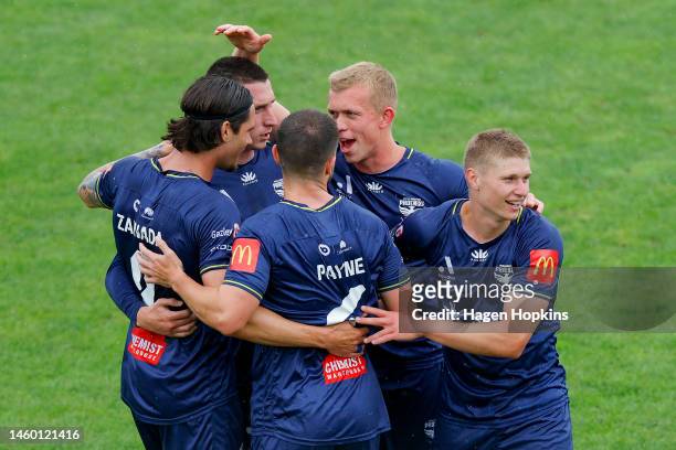 Oskar Zawada of the Phoenix celebrates with teammates after scoring a goal during the round 14 A-League Men's match between Wellington Phoenix and...