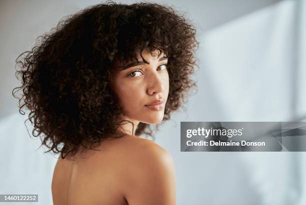 beauty, cosmetics and portrait of black woman for wellness, body care and self care on white background. skincare, aesthetic and face of girl for natural, healthy and glowing skin for morning routine - natural condition stockfoto's en -beelden