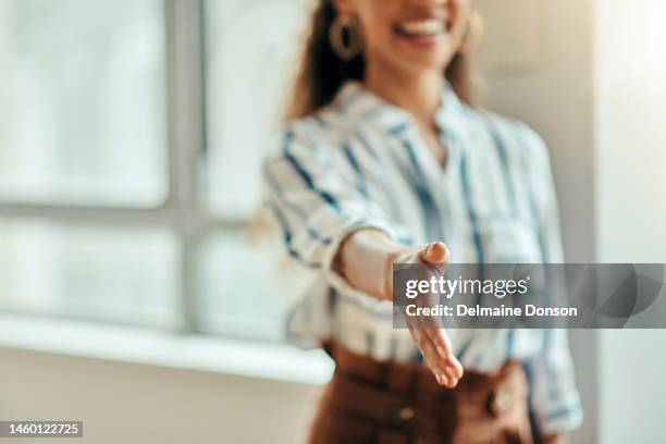 open handshake, office and woman with welcome, kindness and smile for meeting, respect and friendly. black woman, hr expert and hand shake for hiring, human resources or recruitment with happiness - está contratado imagens e fotografias de stock
