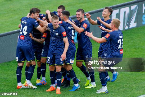 Phoenix players celebrate the goal of Kosta Barbarouses during the round 14 A-League Men's match between Wellington Phoenix and Perth Glory at...