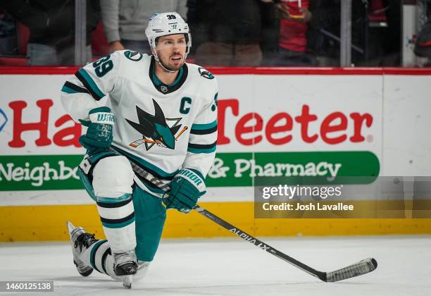 Logan Couture of the San Jose Sharks skates during the third period against the Carolina Hurricanes at PNC Arena on January 27, 2023 in Raleigh,...