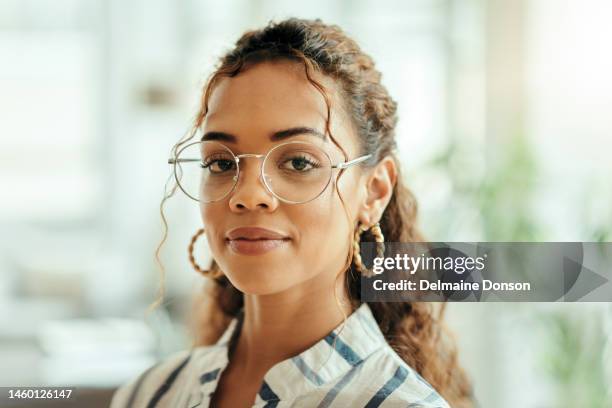 business woman, face portrait and vision for leadership, growth and success in career with glasses. female entrepreneur, leader and manager headshot with motivation for future development in office - portrait of cool creative businesswoman at office bildbanksfoton och bilder