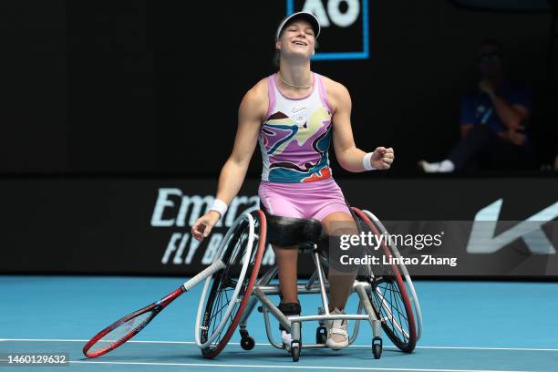 Diede De Groot of the Netherlands celebrates winning championship point in the Women's Wheelchair Singles Final against Yui Kamiji of Japan during...